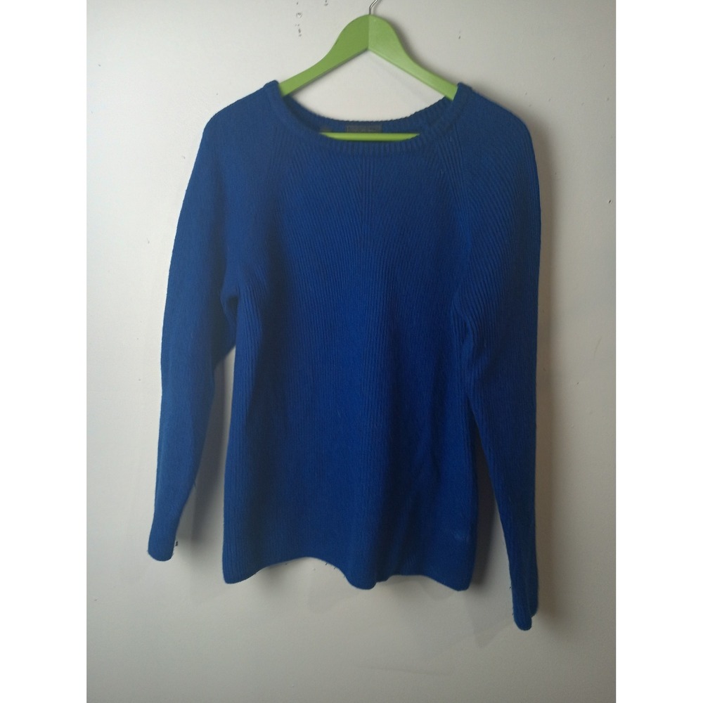 Saks Fifth Avenue Blue 100% Wool Ribbed Crew Neck Raglan Sweater Large